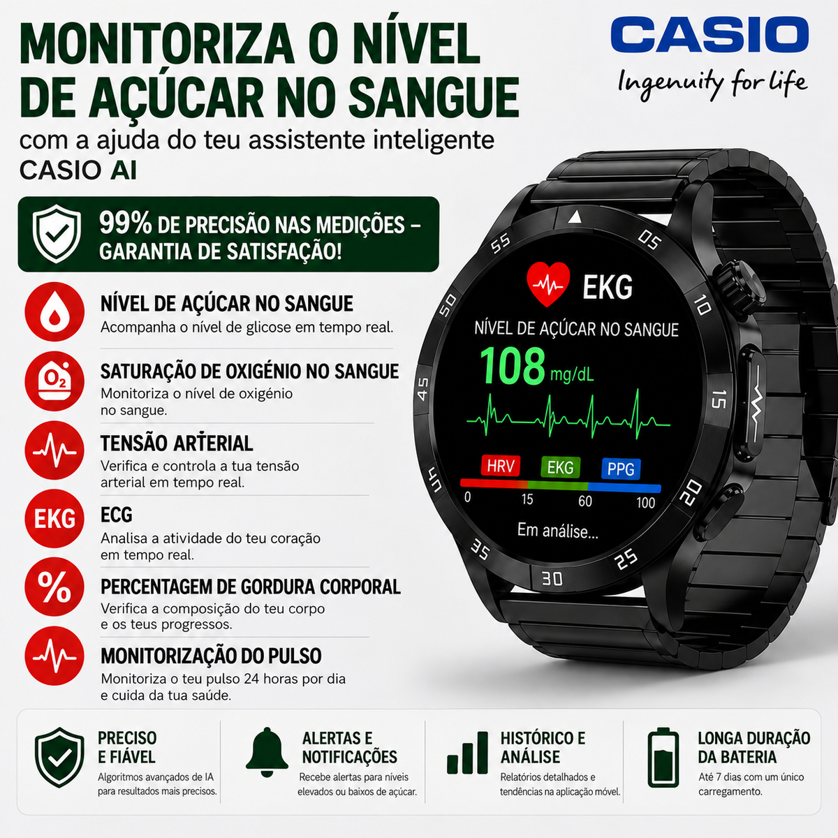 CASIO-Smartwatch com funções de monitorização da saúde e da atividade diária